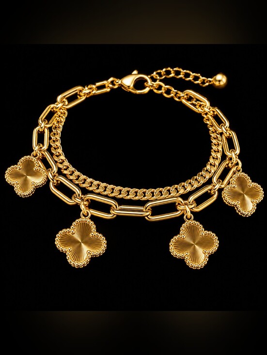 Dubai Jewelry Jewelry - 22kgp Dubai Jewelry Gold Four-Leaf Charm Bracelet - Women Jewelry